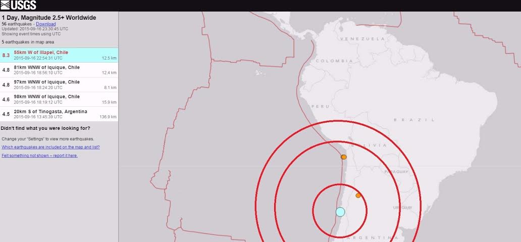 Forte terremoto de 8.5 graus na Escala Richter é registrado em Illapel, Chile