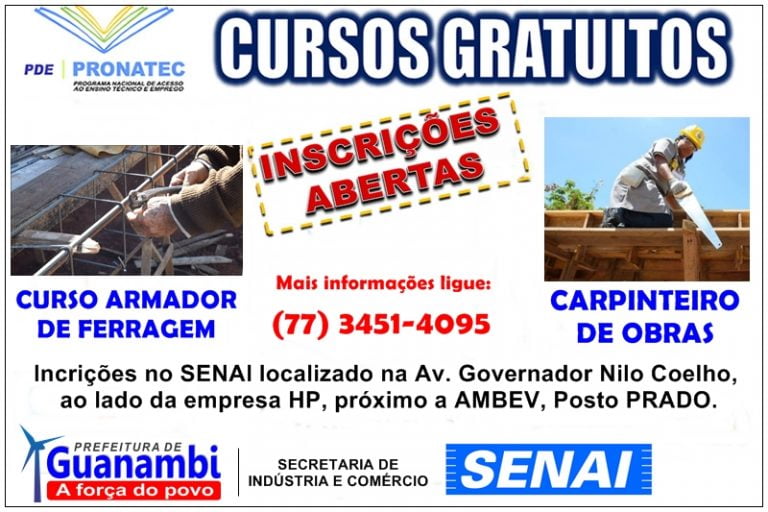 O Senai em parceria com a Prefeitura de Guanambi está com inscrições abertas de dois cursos gratuitos pelo Pronatec