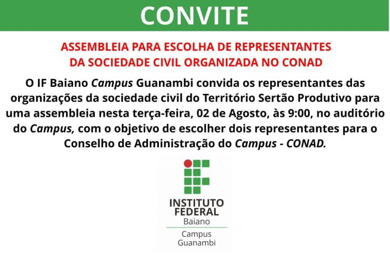 IF Baiano convida representantes da sociedade civil organizada para assembleia