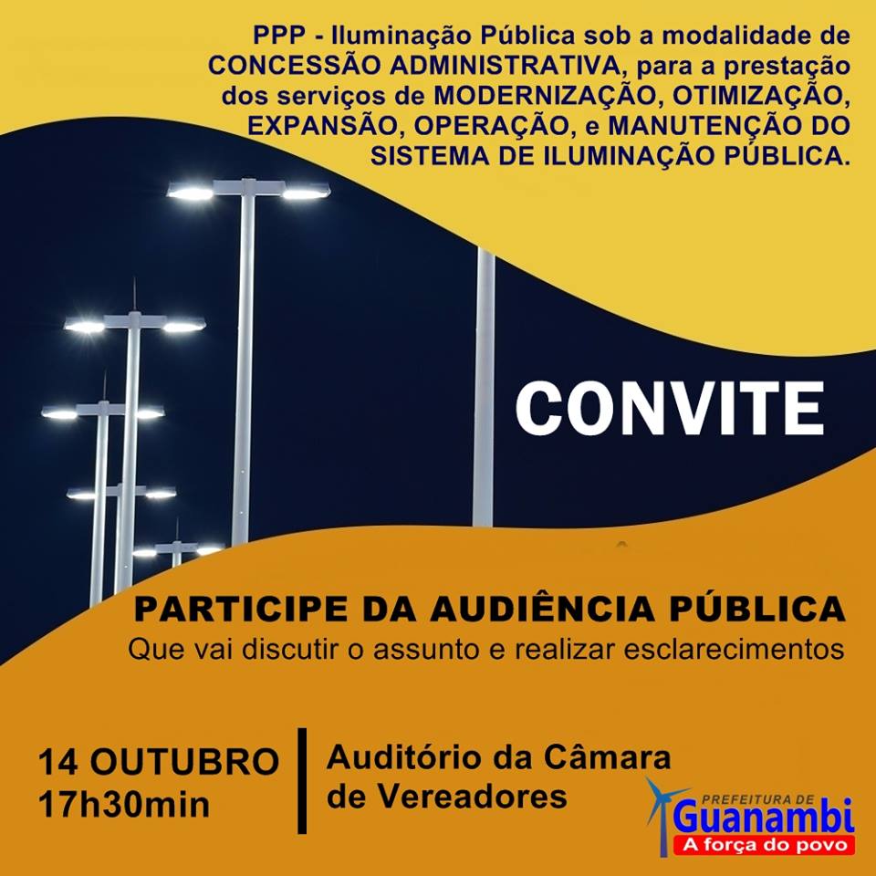 Prefeitura de Guanambi convida para audiência sobre iluminação pública no dia 14 de Outubro