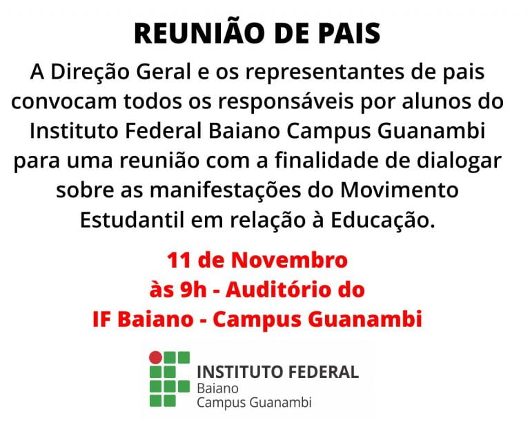 Direção Geral do IF Baiano convoca Pais de alunos para reunião nesta sexta-feira (11)