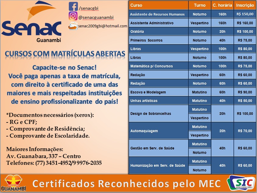 SENAC divulga lista de cursos em Guanambi, inscrições já estão abertas