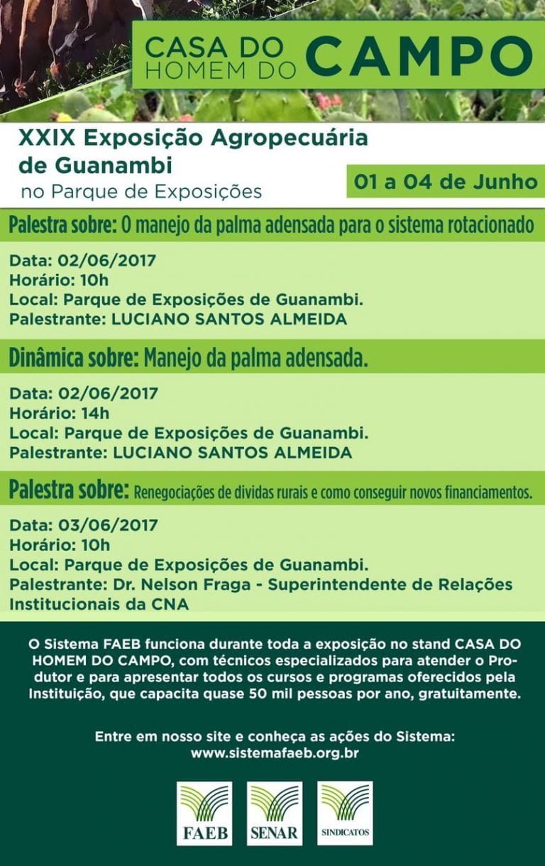 SENAR promoverá treinamento sobre cultivo de Palma na Expo Guanambi