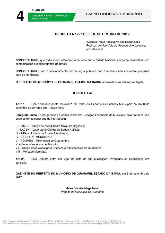 Guanambi: Prefeitura decreta ponto facultativo nesta sexta (8)