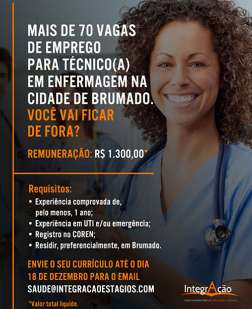 Estão abertas 70 vagas para técnicos de enfermagem em Brumado
