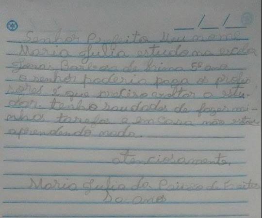 “Preciso voltar a estudar”: Criança escreve carta a prefeito pedindo para pagar professores na BA