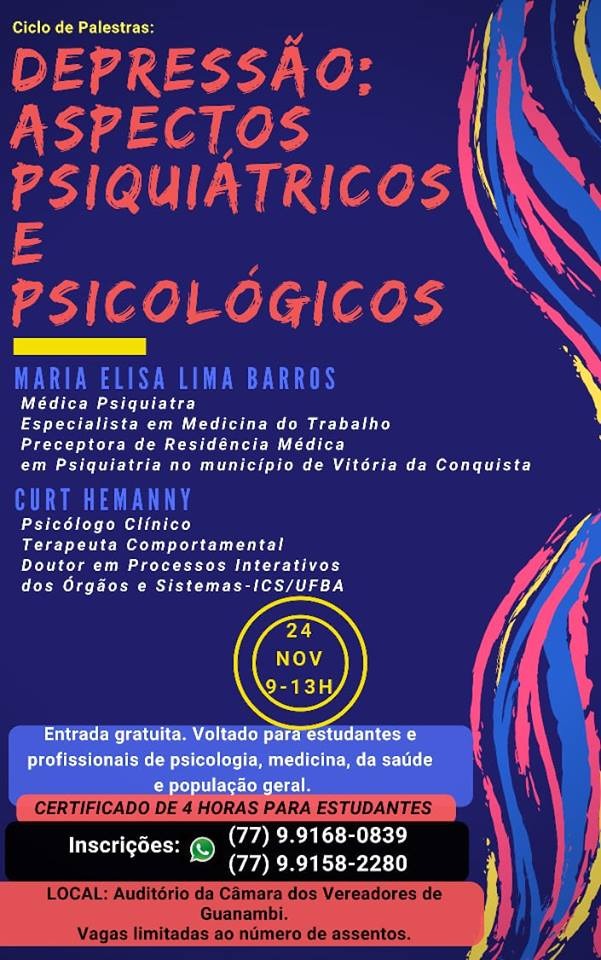 Depressão: Aspectos Psiquiátricos e Psicológicos será tema de palestra em Guanambi