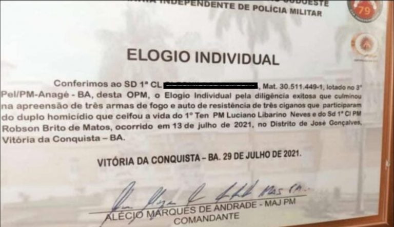 PMs receberam certificado de elogio individual por participação em ações que resultaram em mortes de ciganos na região de Vitória da Conquista