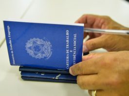 Foto mostra duas mãos com uma caneta e uma carteira de trabalho