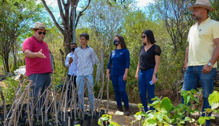 Foto mostra representantes das prefeituras de Vitória da Conquista e Poções em visita aos canteiros do projeto umbu gigante