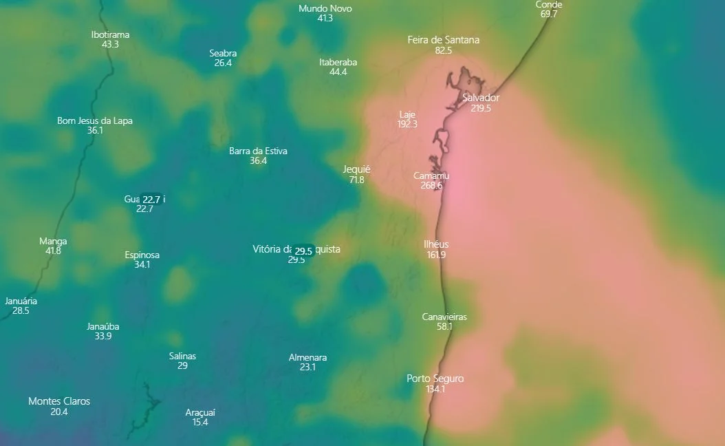 Imagem mostra Previsão de acumulado de chuva na Bahia de 15 a 24 de abril