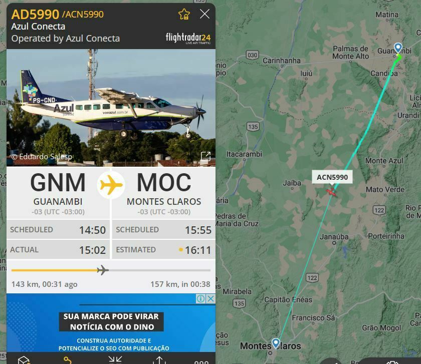 Azul faz primeiro voo de Guanambi para Montes Claros