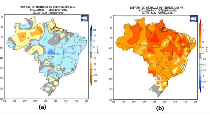 Previsão de anomalias de - (a) precipitação (chuva) e (b) temperatura média do ar do modelo climático do INMET, para o mês de janeiro de 2024.