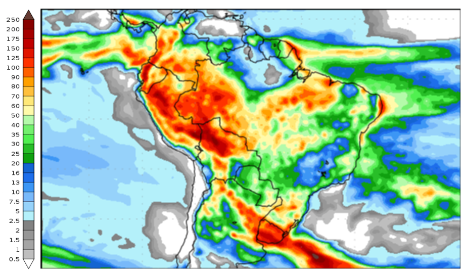  Previsão de chuva para 2ª semana (06 e 14/02/2024). Fonte: GFS.