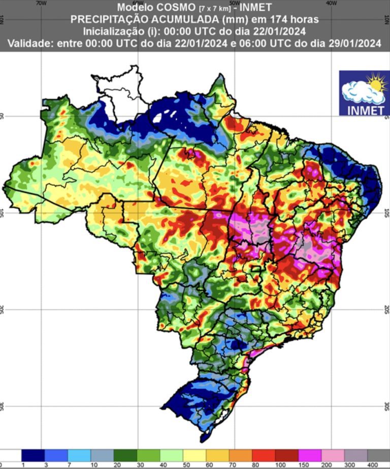 Figura 1: Previsão de chuva para 1ª semana (22 e 29/01/2024). Fonte: INMET.