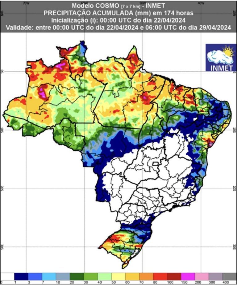 Previsão de chuva entre 22 e 29 de abril. Fonte: Inmet