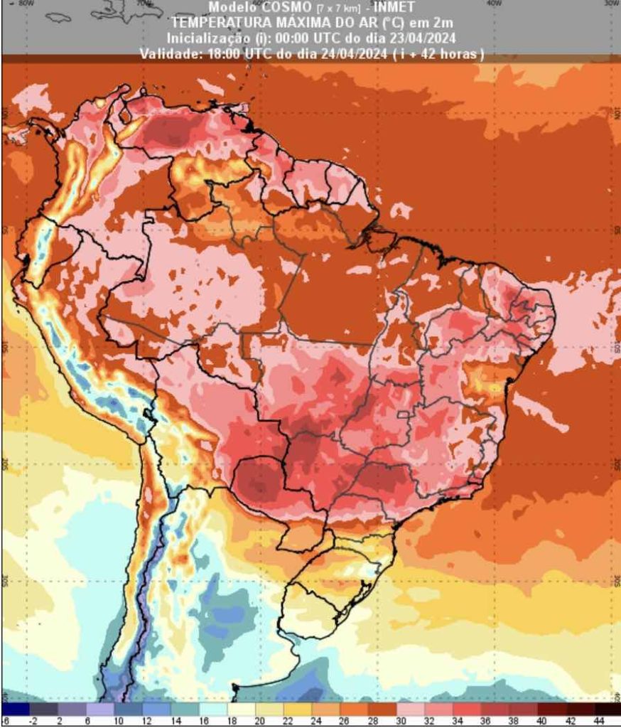 Mapa de temperaturas máximas previstas pelo modelo Cosmo para quarta-feira (24).