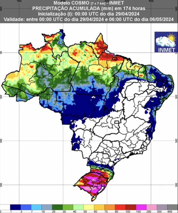 Previsão de chuva de 29 de abril a 6 de maio - Inmet