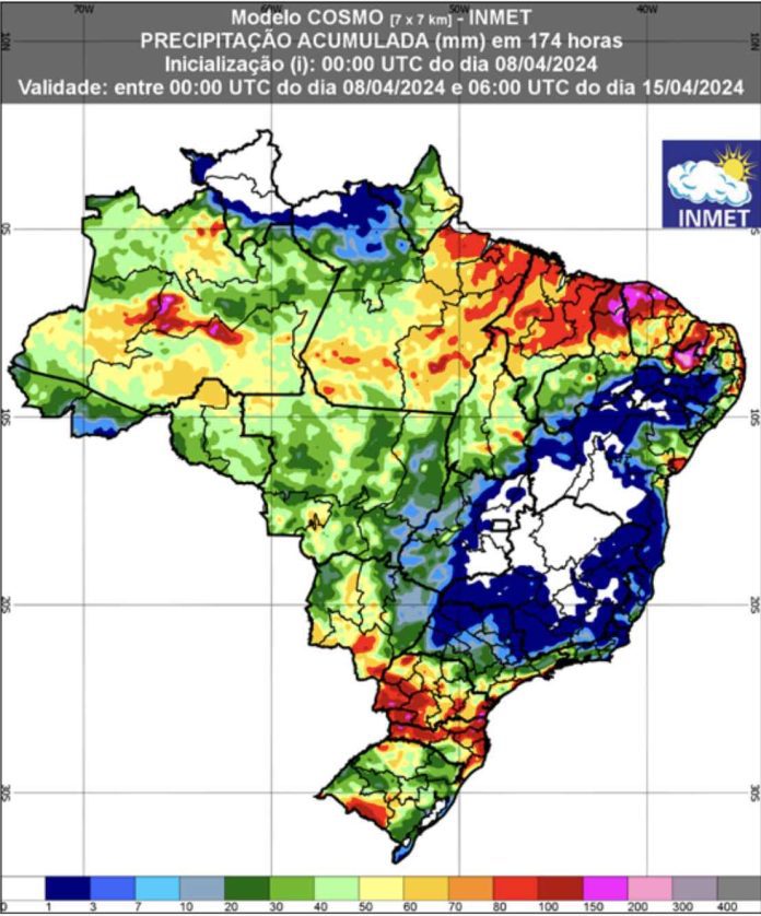 Previsão de chuva de 8 a 15 de abril - Fonte: Inmet.