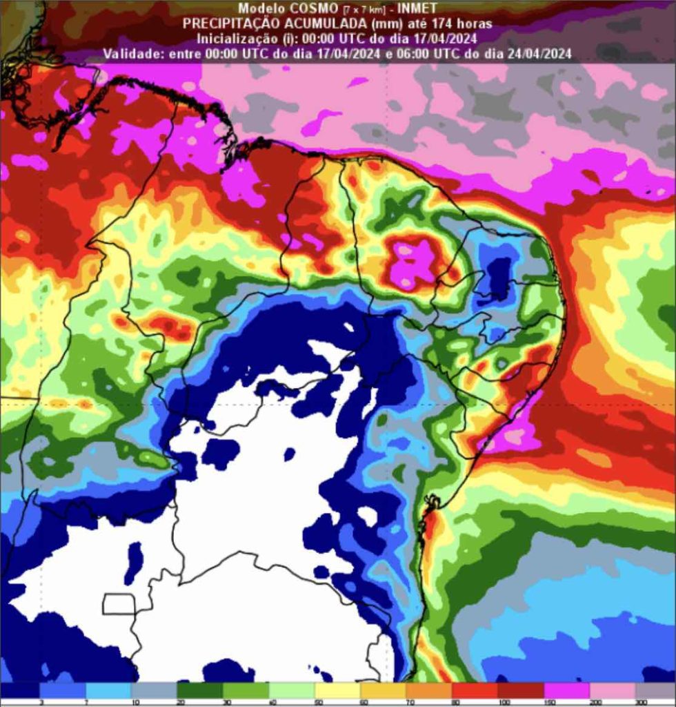 Previsão do modelo numérico Cosmo 7 km, chuva acumulada abril 2024