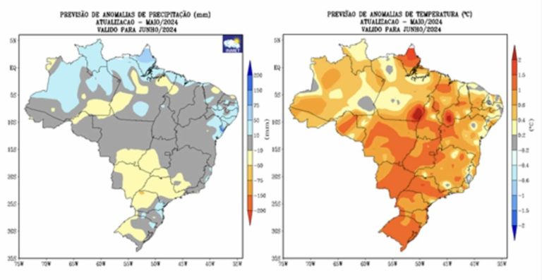 Previsão de anomalias de precipitação e temperatura média do ar do modelo climático do INMET, para o mês de junho de 2024.