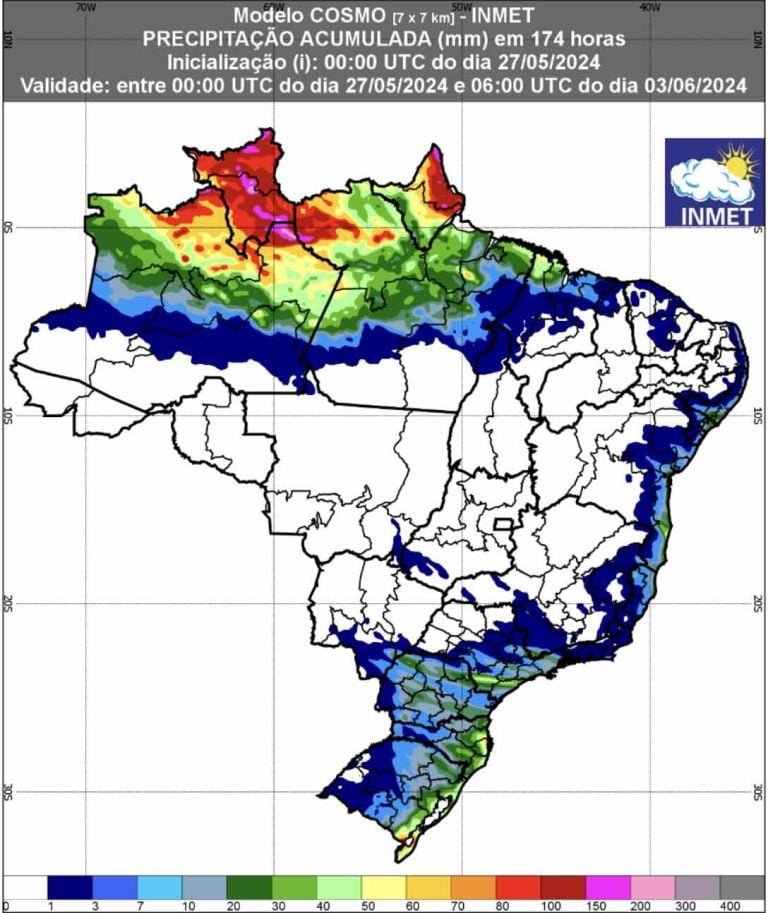 Previsão de chuva entre 27 de maio e 3 de junho - Fonte: INMET.
