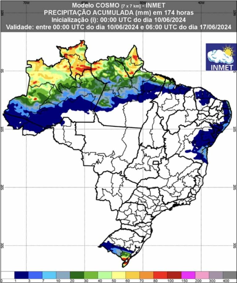 Previsão de chuva de 10 a 17 de junho.