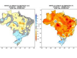 Figura 1: Previsão de anomalias de (a) precipitação e (b) temperatura média do ar do modelo climático do INMET, para o mês de outubro de 2024.