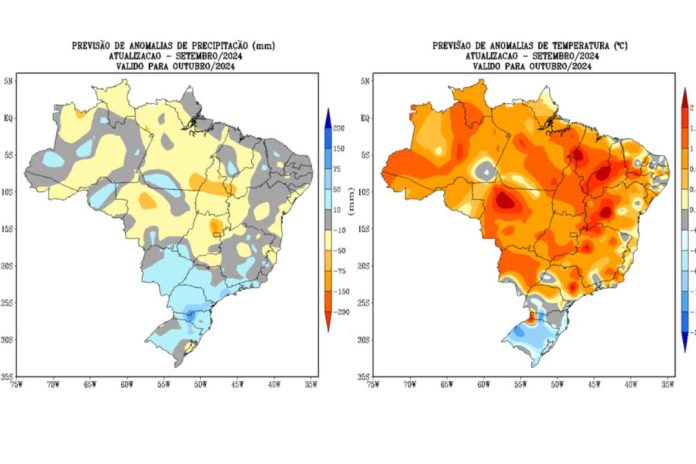 Figura 1: Previsão de anomalias de (a) precipitação e (b) temperatura média do ar do modelo climático do INMET, para o mês de outubro de 2024.