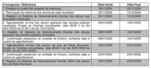 Calendário divulgado pela Smed