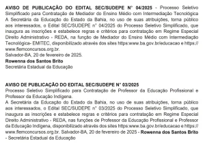 Editais processo seletivo educação Bahia