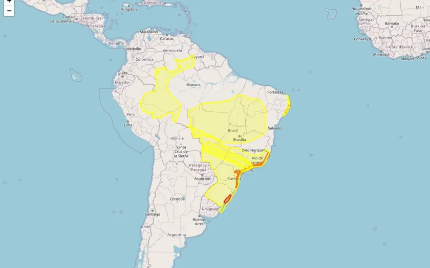 Inmet emitiu onze alertas de ventos costeiros, chuvas intensas, tempestade, vendaval, baixa umidade, acumulado de chuva e declínio de temperatura para 3575 municípios em 25 estados nesta segunda-feira