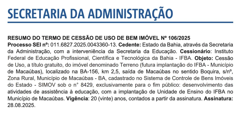 Portaria cessão terreno Ifba Macaúbas