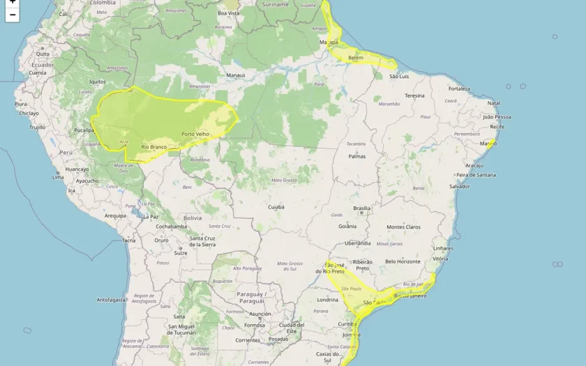 Brasil tem 652 municípios sob cinco alertas meteorológicos de chuvas intensas, acumulado de chuva e ventos costeiros nesta terça-feira
